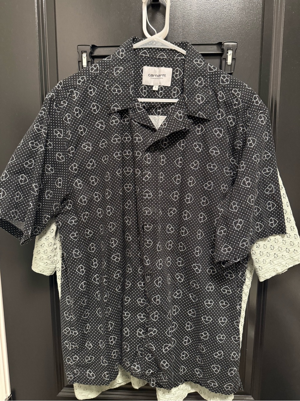 Carhartt Black Short-Sleeve Button-Up Shirt with White Heart Pattern